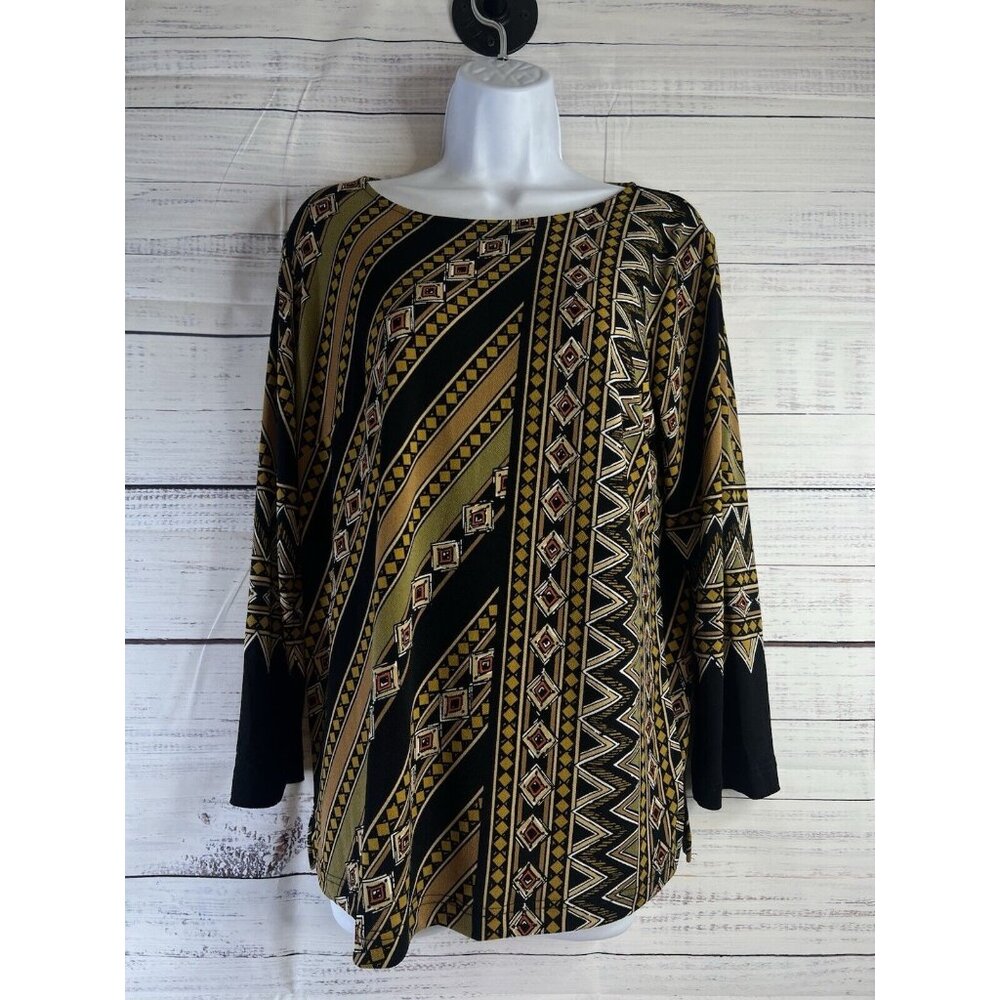 Bob Mackie Top Womens S Wearable Art Gold Geometric Striped Artsy Career Office